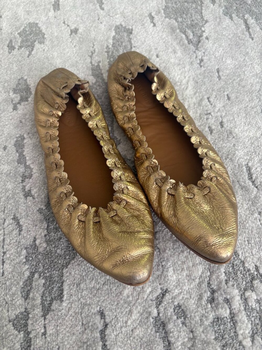 See By Chloe Metallic Gold Ruched Leather Flats - Picture 2 of 7